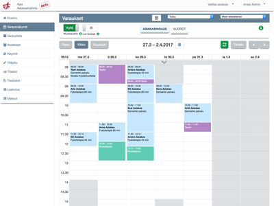 Varausnäkymä Ajas Asiakashallinta Touch.