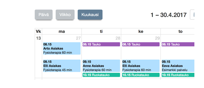 Varausnäkymä Ajas Asiakashallinta Touch.