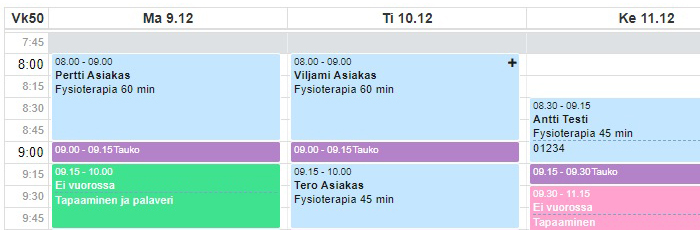 Ajas Touch Varausnäkymä-sivu