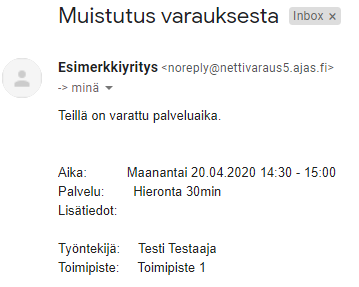 Asiakkaan varauksesta vastaanottama Muistutus varauksesta -viesti