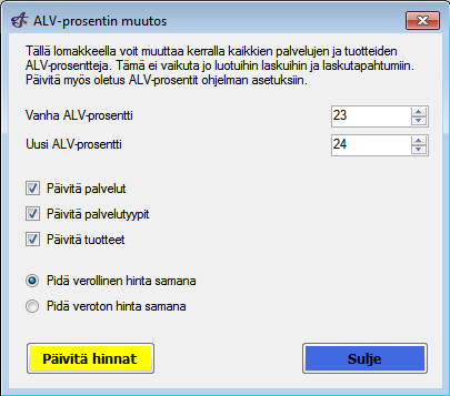ALV-prosenttien muutostyökalu alv pros